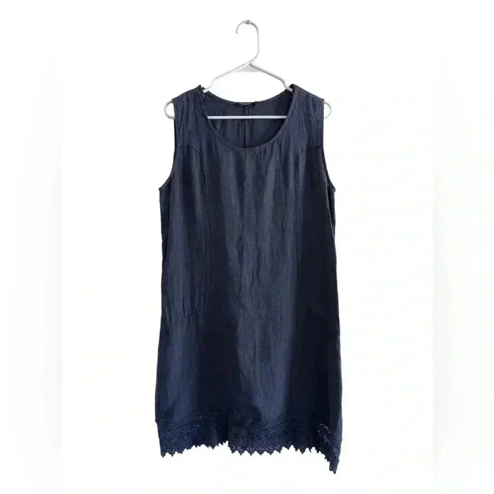 Lungi L’arno Linen Sleeveless Round Neck Dress Navy Blue Made In Italy